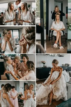 the bride is getting ready for her big day at the wedding with her mom and sister