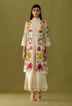 Chandrima-Ivory Applique Organza Jacket-INDIASPOPUP.COM Transitional Off-white Sets With Floral Embroidery, Off White Floral Embroidered Kurta For Spring, Embroidered Cream Sets For Spring, Cream Sets With Floral Embroidery For Transitional Season, Transitional Cream Sets With Floral Embroidery, Transitional Floral Embroidered Cream Sets, Designer White Nehru Jacket With Dupatta, Spring Long Sleeve Nehru Jacket With Cutdana, Traditional White Nehru Jacket With Floral Embroidery