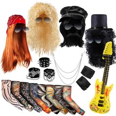 PRICES MAY VARY. Comprehensive Rocker Set: the package comes with 26 pieces of 80s rocker costumes men women, including 4 pieces of 80s rocker wigs, 3 leather bracelets, 8 tattoo sleeves, 4 sunglasses, 1 studded gloves, 1 red hip hop headscarf, 1 felt top hat, 1 inflatable guitar, 1 leather beret, 1 mustache and 1 silver pant chain, considerate and complete combination to meet your various needs Ideal for Various Occasions: versatility is your gain with our rocker costumes for women men; They ar Black Novelty Costume Accessories For Festival, Novelty Halloween Costume Accessories, Novelty Black Plastic Costume Accessories, Black Plastic Novelty Costume Accessories, 80s Costume For Men, 80s Rocker Costume, Punk Rock Costume, Biker Costume, 8 Tattoo