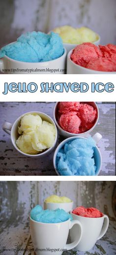 three bowls filled with different colored ice creams and the words jello shaved ice