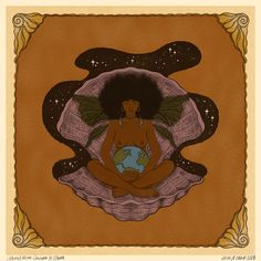 a drawing of a woman sitting on the ground holding a small earth in her hands