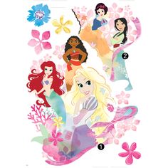 disney princesses with flowers and butterflies in the background, as well as their names