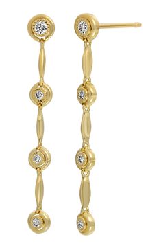 Round diamonds shine in textured settings between bars of 18-karat gold on these handcrafted, linear drop earrings. 1 1/4" drop Post back Total diamond weight: 0.12ct. Color: G Clarity: VS 18k gold/diamond Imported >Diamond Guide Luxury Gold Linear Earrings With Prong Setting, Yellow Gold Bezel-set Dangle Diamond Earrings, Long Drop Linear Earrings With Diamond Accents For Anniversary, Anniversary Diamond Accented Long Drop Linear Earrings, Anniversary Diamond Accented Long Drop Earrings, Gold Dangle Diamond Earrings With Bezel Setting, Formal Dangle Linear Earrings With Single Cut Diamonds, Classic Gold Linear Earrings With Diamond Accents, Gold Linear Earrings With Single Cut Diamonds