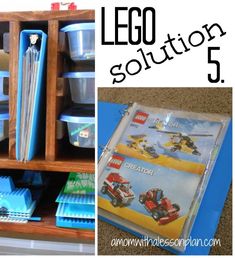 there are legos and other toys in the storage area with text overlay that says lego solution 5