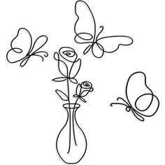 three butterflies flying around a vase filled with flowers and two roses in the vase are drawn by hand