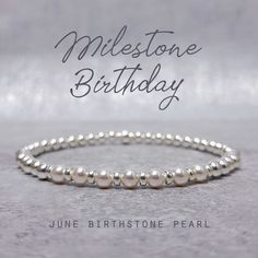 "An elegant and dainty stacking bracelet in Sterling Silver accented with white Swarovski Crystal Pearls - the birthstone for June. This Swarovski Pearl and Silver stretchy layering bracelet is a lovely and subtle way to celebrate a special milestone Birthday in June with a Swarovski Crystal Pearl for each amazing decade. This bracelet can be made for milestone birthdays, 30th, 40th, 50th, 60th, 70th, 80th and 90th and would include the relevant number of pearls for each decade. A jewellery card will be included in the box showing the Birthday, Month, Birthstone and the meaning of the number of pearls, as shown in the product images. This bracelet also makes a great gift for a 'non milestone' June birthday and can made with any number of crystals from 1 -  to suit the recipient, to purchas Jewellery Card, Pearl Birthstone, Birthday Bracelet, Small Bracelets, Birthstone Bracelet, Milestone Birthday, Bridesmaid Bracelet, June Birthstone, Birthstone Bracelets