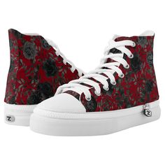 Our black and red floral rose gothic wedding high top shoes are made to match out Gothic Red & Black Rose Wedding Collection.  Dark black and deep red contrast with an abundance of dark floral motifs.  Script font paired with serif font, lends to an artistic look that matches well with gothic style. Black Rose Wedding, Bride Sneakers, Red Quince, Converse Wedding Shoes, Red Wedding Shoes, Painted Canvas Shoes, Viking Wedding, Wedding Converse, Wedding Sneakers