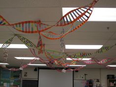 the classroom is decorated with colorful streamers