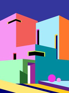 an abstract image of colorful buildings against a blue sky