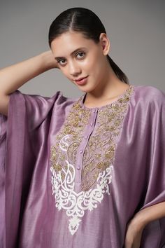 Purple chanderi kaftan with placed sequin and bead embroidered floral paisley motifs. Comes with pant. - Aza Fashions Eid Kaftan With Zari Work, Kaftan Embroidery Design, Kaftan Embroidery, Embroidered Kaftan, Paisley Motifs, Kaftan Designs, Pant Women, Pant For Women, Beaded Neckline