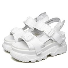 SHOES / MAD – Boogzel Apparel White Platform Slingback Sandals For Summer, Summer Sport Sandals With Platform And Open Heel, Platform Sport Sandals With Open Heel For Summer, White Adjustable Strap Synthetic Sandals, White Synthetic Sandals With Adjustable Strap, White Ankle Strap Sport Sandals For Summer, White Sport Sandals With Buckle For Summer, White Sport Sandals With Buckle Closure For Spring, Comfortable Summer Wedge Sandals With Buckle Closure