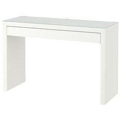 a white desk with a glass top and drawers on the bottom shelf, against a white background