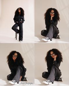 a woman sitting on top of a chair wearing glasses