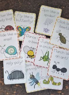 four insect cards with words that read, spin like a spider, fly like a butterfly, and bum like a ladybug