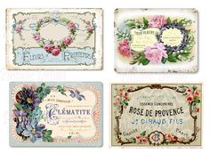 four different types of labels with flowers and leaves on them, all in pastel colors