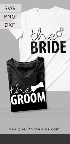 the bride and groom t - shirts are on display in front of a gray background