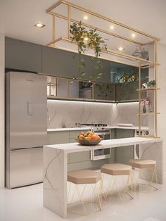 a modern kitchen with marble counter tops and stools