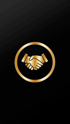 two hands shaking each other in front of a black background with gold lettering on it