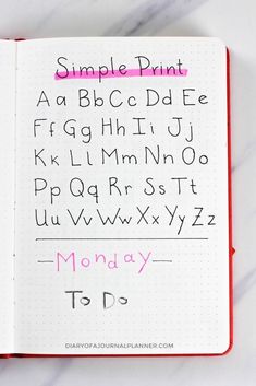 an open notebook with writing on it and the words monday to friday written in pink ink