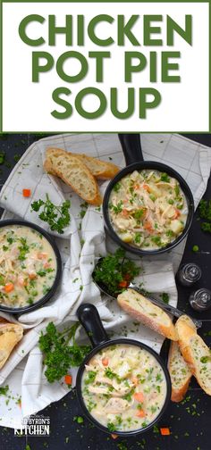 chicken pot pie soup in black bowls with bread on the side and garnished with parsley