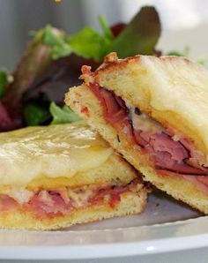 a close up of a sandwich on a plate with a salad in the back ground