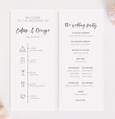 two wedding programs on a table with flowers and candles in the background, one is black and white