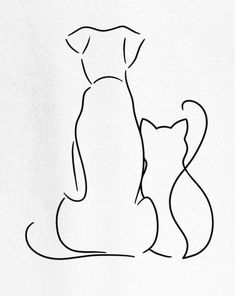 a cat and dog sitting next to each other on a white paper with black ink