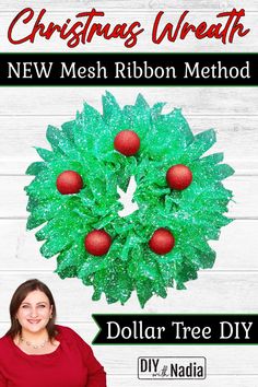 a woman standing in front of a christmas wreath with balls on it and the words dollar tree diy