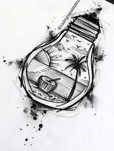 a drawing of a bottle filled with water and palm trees