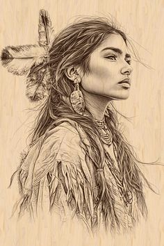 a drawing of a native woman with feathers on her head