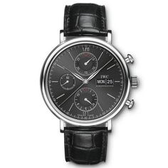 From IWC, the Portofino Chronograph takes its design cues from the 1960s, with elegantly sporty push-buttons and chronograph displays. The stainless-steel chronograph with a black dial has a convex sapphire glass and rhodium-plated appliques. It is powered by the tried and tested self-winding 75320 calibre with its 44-hour power reserve and comes with a black alligator leather strap. Case: Stainless steel case Diameter 42.0 mm Height 13.6 mm Water resistance 3 bar Movement: 75320 Calibre Automat Personalized Promise Rings, Iwc Schaffhausen, Black Alligator, Mens Chronograph, The 1960s, Watch Collection, High Jewelry, Black Watch, Chronograph Watch