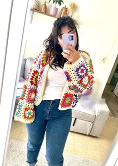 Boho Crochet Cardigan, Granny Square Sweater, Handmade Colorful Organic Cotton Cardigan, Oversized Patchwork Cardigan for Women’s Boho Crochet Cardigan, Crochet Cardigan Granny Square, Cardigan Granny Square, Square Sweater, Granny Square Sweater, Sweater Handmade, Colorful Jacket, Crochet Cardigan Sweater, Patchwork Cardigan