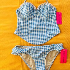 Blue And White Checkered With Lace Detail On The Neckline And Padded Cup Ruffle Detail On The Bottom Cool Bathing Suits, 70s Bathing Suit, Kawaii Blue, American Swimsuit, Americana Outfits, Summer Bathing Suits, Vintage Swimsuits, Swim Skirt, Current Styles