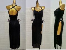 three different views of the same dress on mannequins, one in black and one in gold