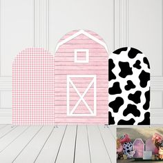 farm animals and barn decorations are featured in this collage with pink and white accents