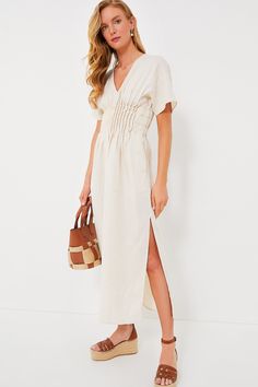 Natural Lauretta Midi Dress | STAUD Spring Beige Dress With Natural Waistline, Beige Spring Dress With Natural Waistline, Elegant Staud Spring Maxi Dress, Elegant Linen Maxi Dress For Brunch, Elegant Staud Maxi Dress For Spring, Staud Elegant Maxi Dress For Spring, Elegant Cotton Dresses By Staud, Neutral Cotton Beach Dress, Spring Brunch Linen Maxi Dress