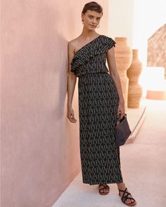 A summer stunner, featuring a flirty one-shoulder silhouette, a double-ruffle detail, and an easy elastic waist for blouson beauty. Soft and well-draped in a stretch TENCEL™ Lyocell knit, with a removable strap for support and angled pockets for fun.  Exclusive. One-shoulder silhouette; elasticized neckline with two layers of ruffles. Removable camisole strap. Elastic waist with gathers below. Angled pockets. Black Tie Optional, Summer Elegance, Knit Maxi Dress, Garnet Hill, Maxi Knit Dress, Wedding Attire, Dress First, Shop Dresses, Wearing Black