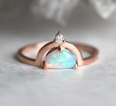 Half Moon Engagement Ring, Moon Engagement Ring, Chakra Ring, Modern Diamond Rings, Rose Gold Opal Ring, Australian Opal Ring, Unique Opal, Solid Gold Band, Opal Ring Gold