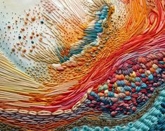 a close up view of an art work made with colored threads and beads on fabric