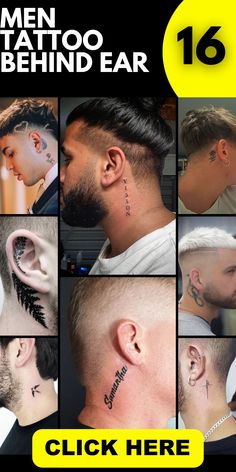 men with tattoos behind their ears are shown in this ad for the magazine, click here