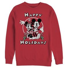 Who knew that dressing "mousey" this Christmas could be so cute!? Celebrate the coziest holiday with Walt Disney's most iconic characters in this officially licensed Mickey Mouse and Friends Mickey & Minnie Holiday Men's Crewneck Sweatshirt! This adorable Christmas-themed sweatshirt features Mickey Mouse and Minnie Mouse wearing cozy outfits while smiling big, along with the text "Happy Holidays" printed across the center. This graphic sweatshirt is a great fit for the whole family, so grab one Disney Style Sweatshirt With Character Print For Winter, Disney Character Print Sweatshirt For Winter, Disney Character Print Winter Sweatshirt, Disney Graphic Print Top For Winter, Disney Graphic Print Tops For Winter, Christmas Disney Holiday Top, Disney Christmas Holiday Tops, Disney Christmas Holiday Top, Disney Sweatshirt For Winter Fan Events