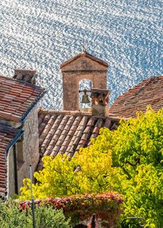 an old church bell tower on top of a roof next to the ocean and trees