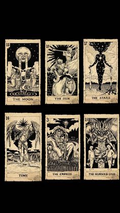 four different tarot cards with the same image on each card, one in black and white