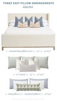 a bed with four pillows and three pillow arrangements on it, along with the measurements for each