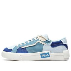 (WMNS) FILA FUSION Canvas Skate Shoes 'Blue Green' T12W228207FSN Blue Vulcanized Sole Flat Sneakers, Blue Flat Sneakers For Streetwear, Flat Canvas Sneakers For Streetwear, Flat Textile Sneakers With White Sole, Textile Flat Sneakers For Streetwear, Blue Canvas Sneakers With Laces, Blue Flat Sneakers With Laces, Blue Canvas Skate Shoes With Rubber Sole, Blue Low-top Canvas Sneakers