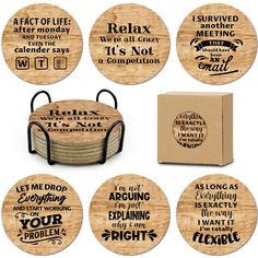 six coasters with different sayings on them and some are made out of wood