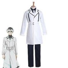 an anime cosplay is wearing a white coat and black pants, while standing next to a mannequin