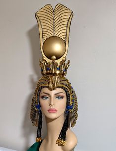 "Cleopatra Crown is make in strong but very light weight foam, decorate with gold paint, glitter, rhinestones trims, metallic trims, handmade snakes, handmade beads, fringes and beads. The headdress is lined with felt and have adjustable elastic on the back , fit well until 23\" head circumference. Any question let me know. Thank you" Gold Mardi Gras Costume Hats And Headpieces, Elegant Gold Costume Hats And Headpieces For Ceremonial, Gold Tall Crown Costume Hats And Headpieces, Fitted Gold Costume Hat For Carnival, Fitted Gold Carnival Costume Hat, Fitted Gold Headpieces For Costume Party, Traditional Gold Costume Hats For Party, Regal Gold Headpiece For Party, Traditional Gold Headpieces For Carnival