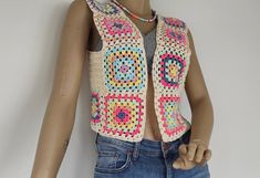 Granny Square Crochet Vest Women Knitwear Handmade to Order - Etsy Turkey Trendy Cotton Sweater For Vacation, Spring Cotton Open Knit Sweater Vest, Winter Bohemian Cotton Crochet Top, Casual Multicolor Cotton Sweater Vest, Casual Knitted Cotton Patterns, Casual Cotton Knitted Patterns, Casual Cotton Patterns For Spring, Hand Knitted Cotton Bohemian Sweater, Casual Crochet Patterns