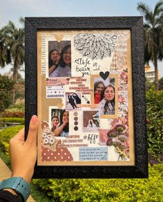 a person holding up a framed photo with pictures and words on it in front of some bushes